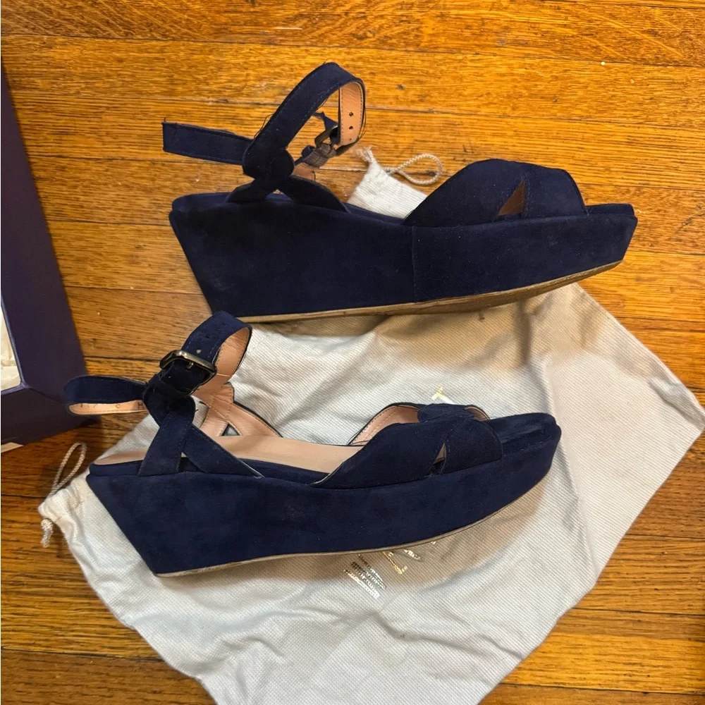 Stuart Weitzman navy blue sandals platform size 8 wedge heels cobalt suede - Picture 4 of 9